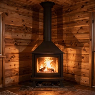 A cozy hearth-side corner inside the cottage, warm amber light glowing from the fireplace, casting soft shadows on pine wood-paneled walls.