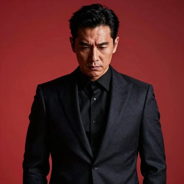 Low-key portrait of a ruthless male adversary in a tailored dark suit, crimson backlighting, looking down with cold indifference.