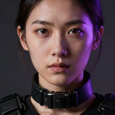 Moody close-up of a female tactical specialist, leather collar, intense gaze, violet rim lighting, shadows obscuring half her face.
