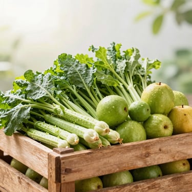 Vibrant green Nilgiris vegetables and ripe fruits neatly arranged in rustic wooden crates, soft natural morning light, bright editorial photography