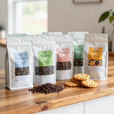 Packages of local Nilgiris tea, roasted coffee beans, and crispy biscuits arranged neatly on a warm wooden counter, bright editorial photography