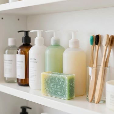 Neat row of gentle soaps, herbal shampoos, and bamboo toothbrushes on a bright, clean shelf, bright editorial photography