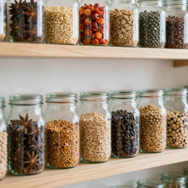 Neat stacks of clear glass jars filled with whole spices, grains, and pulses on clean wooden shelves, bright editorial photography