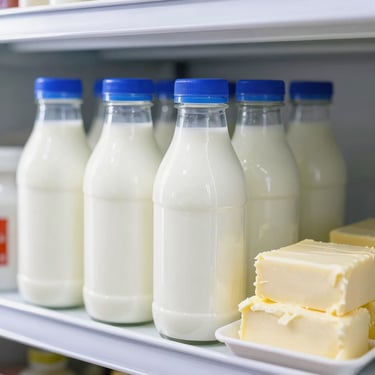 Fresh milk bottles, butter blocks, and traditional paneer on a clean, bright refrigerated shelf, bright editorial photography