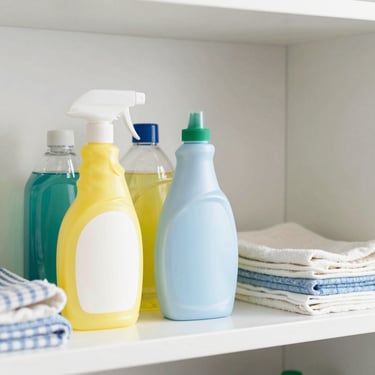 Eco-friendly cleaning bottles, detergents, and neatly folded kitchen towels on a bright shelf, bright editorial photography