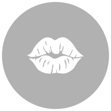 White minimalist lips kiss icon design inside a circular black frame for beauty branding.
