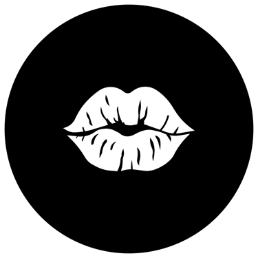 Minimalist white lips kiss icon centered in a black circle for beauty and cosmetics branding.