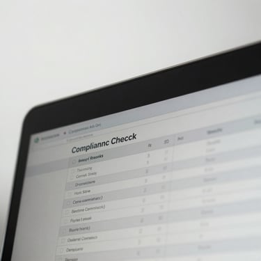 Macro shot of a clean digital system interface displaying compliance checklists and structured data flows, neutral overcast daylight, high geometric precision.