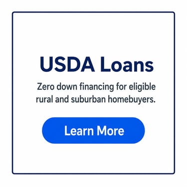 USDA Loans graphic offering zero down financing for eligible rural and suburban homebuyers.
