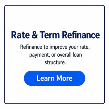 Rate and term refinance information card explaining how to improve mortgage rates and payments.