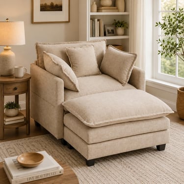 Oversized beige reading chair with ottoman in a cozy neutral living room, perfect for reading nooks and luxury home decor