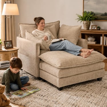 A woman relaxes on a beige oversized armchair while her son reads on a rug in a cozy living room.