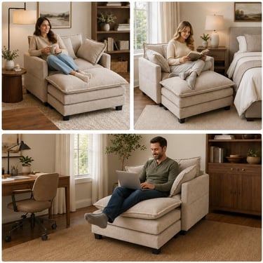 A versatile beige oversized swivel accent chair with ottoman used for reading, relaxing, and working in various rooms.