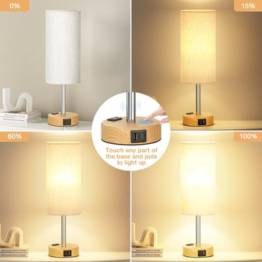 Dimmable touch control bedside lamp with wooden base, USB charging ports, and linen fabric shade showing four brightness