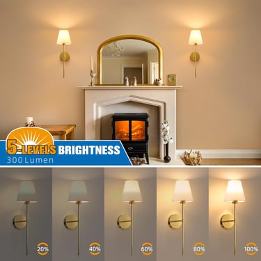 Dimmable brass wall sconces flanking a fireplace mirror with five adjustable brightness levels.