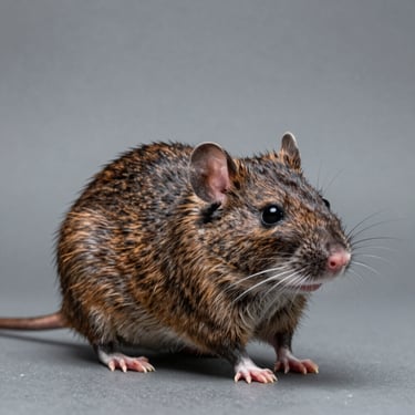 Macrofotografia científica de um rato de esgoto Rattus norvegicus focado de perfil em superfície cinza estéril, iluminação de estúdio
