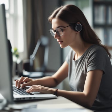 Professional woman with glasses and headset working on a laptop in a home office.