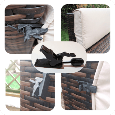 Picture of a rattan cushion clip including pictures in use