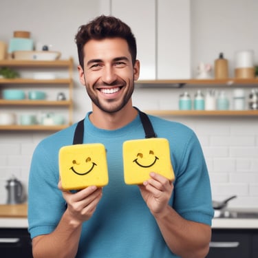 A cheerful man holding a sparkling clean kitchen sponge with a bright smile.