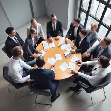 Image of a diverse group of Singaporean professionals discussing business plans in a modern office overlooking the Singapore River.