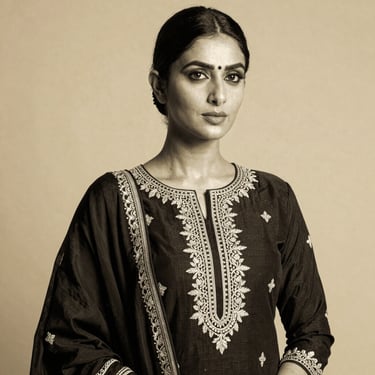 Black and white editorial portrait of a sophisticated Indian woman wearing a designer kurti with delicate embroidery, high-contrast studio lighting, warm gold undertones