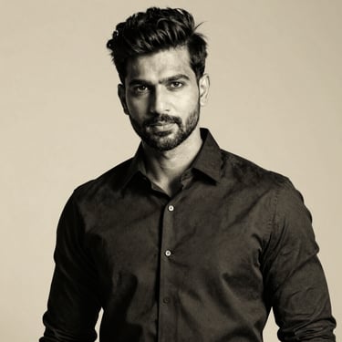 Black and white editorial portrait of a modern Indian gentleman in a sharp tailored charcoal shirt, dramatic high-contrast studio lighting, rich shadows, warm gold undertones