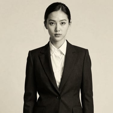 Black and white editorial portrait of a corporate professional in a sharp structured blazer, elegant medium format film style, high-contrast