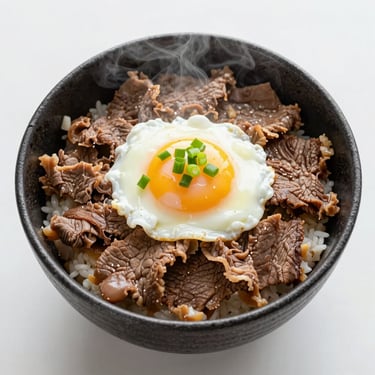 Tight macro shot of a steaming beef gyudon donburi bowl, tender sliced beef, soft egg, green onions, charcoal bowl.