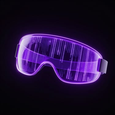 3d render of a futuristic holographic visor with scrolling matrix code, glowing purple light, dynamic off-axis angle