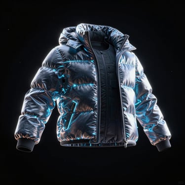 3d render of a futuristic holographic puffer jacket with neon glowing seams, floating in dark space, high-contrast rim lighting