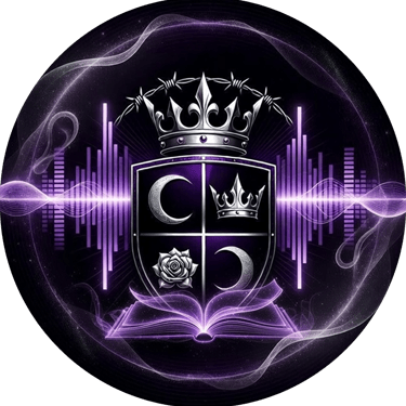 Vaeloria's crest of 2 moons, a crown and rose set in a shield with wings. a crown under barbed wire sit at the top