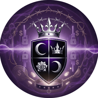 Vaeloria's crest of 2 moons, a crown and rose set in a shield with wings. a crown under barbed wire sit at the top
