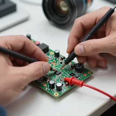 Close-up macro shot of a technician testing a television mainboard with a multimeter, bright workspace lighting, detailed copper circuits and capacitors visible, hands in focus.