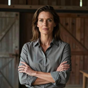 Portrait of a confident female business owner in her 40s wearing a slate-colored shirt, standing in front of a rustic barn.