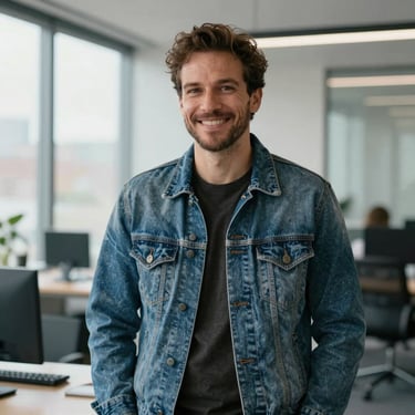 Portrait of a man in a denim jacket smiling, standing in a well-lit modern office space with large windows.