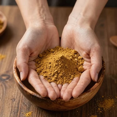 Close overhead shot of hands cupping a small pile of golden maca powder over a rough-hewn wooden bowl, natural north-facing window light casting soft shadows, earth-brown background