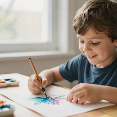 A young child painting with watercolors on paper, smiling, soft natural window light, warm editorial photography, shallow depth of field, 35mm