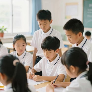 Primary school students collaborating over a science project in a bright classroom, genuine expressions of curiosity, soft natural light, warm editorial photography, 35mm