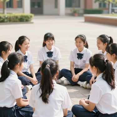 High school students sitting in a circle outdoors on campus, talking and laughing, soft daylight, warm editorial photography, shallow depth of field, 35mm