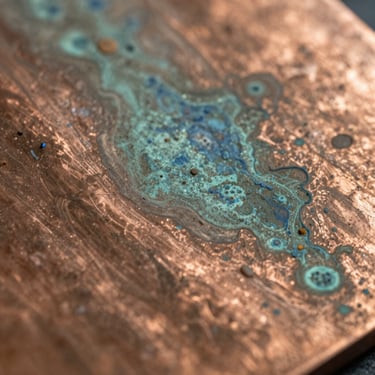 Extreme macro detail of oxidized copper plates showing greenish-blue patina textures, neutral studio lighting, shallow depth of field.