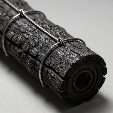 Macro photograph showing the textured grain of dark charred wood bound by high-tension steel wire under neutral gallery lighting.