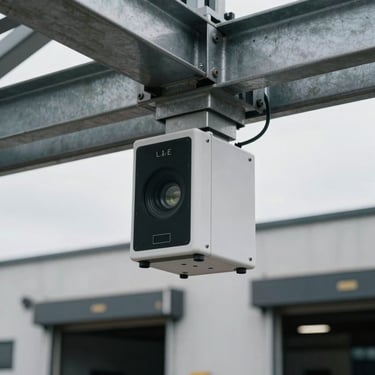 Close-up of a LiDAR sensor unit mounted on a steel gantry above a loading dock, industrial environment visible below, natural overcast daylight, no branding visible, documentary-style framing