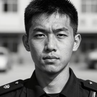 Medium close-up portrait of a young male protection officer, serious and proud gaze, natural sunlight, black and white editorial style, looking directly at the camera.