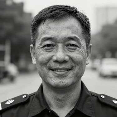 Medium close-up portrait of a male security worker in his 50s, warm smile, natural outdoor lighting, black and white editorial style, looking directly at the camera.