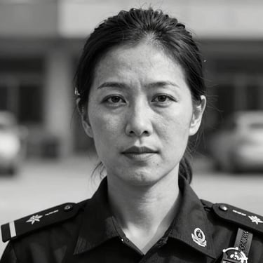 Medium close-up portrait of a female security worker in her 40s, proud expression, natural lighting, black and white editorial style, looking directly at the camera.