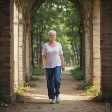 A smiling senior woman walks through a stone archway path for outdoor exercise and healthy lifestyle.