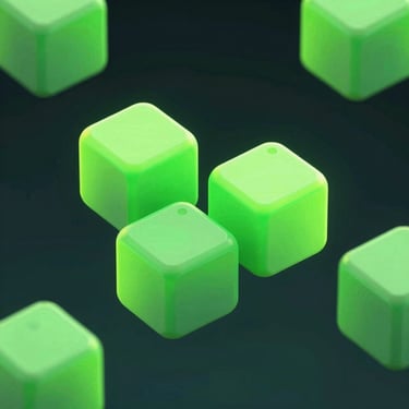 A vibrant in-game UI mockup of a physics-based puzzle game, glowing neon green blocks colliding, dark background, sleek 3D render