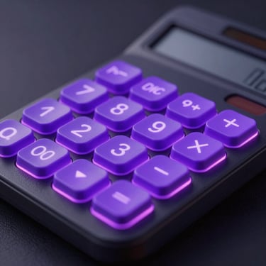 A high-fidelity 3D render of an ultra-clean calculator interface with glowing cyber violet buttons, dark tactile tech aesthetic