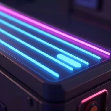 A sleek 3D device mockup showing a fast-paced arcade rhythm game, glowing neon lanes, high-contrast neo-arcade visual