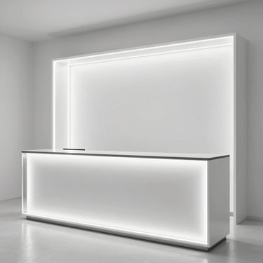 Premium cosmetics counter with integrated LED backlighting, flawless acrylic edges, high-key architectural detail